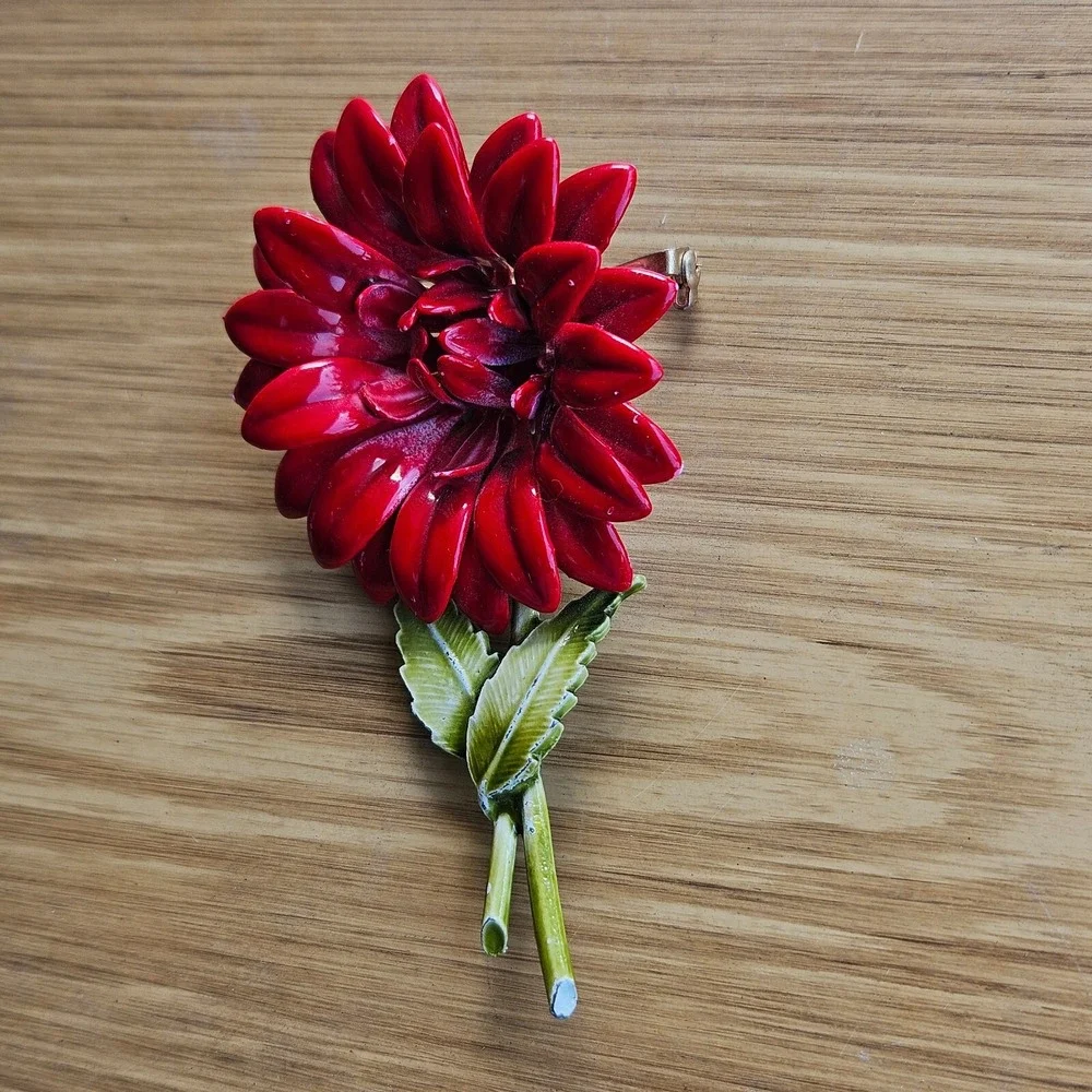 Vintage Red Enamel Painted Flower On Stem Brooch Pin‎ 3.54